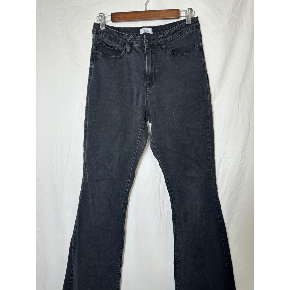 YMI Women's Black Denim Mid Rise Stretch Flared Raw Hem Jeans Size 11/30